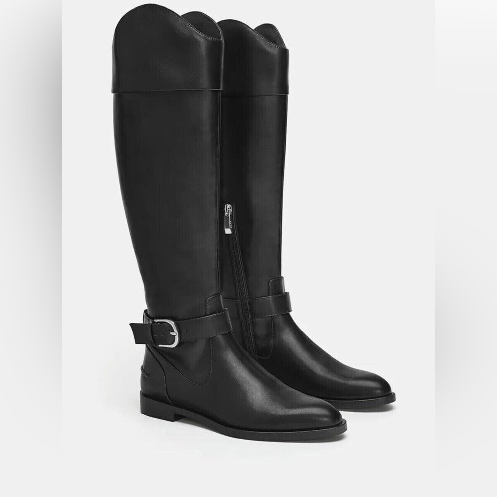 Zara Flat Tall Black Riding Boots w/ Buckles Womens Size 7.5 38